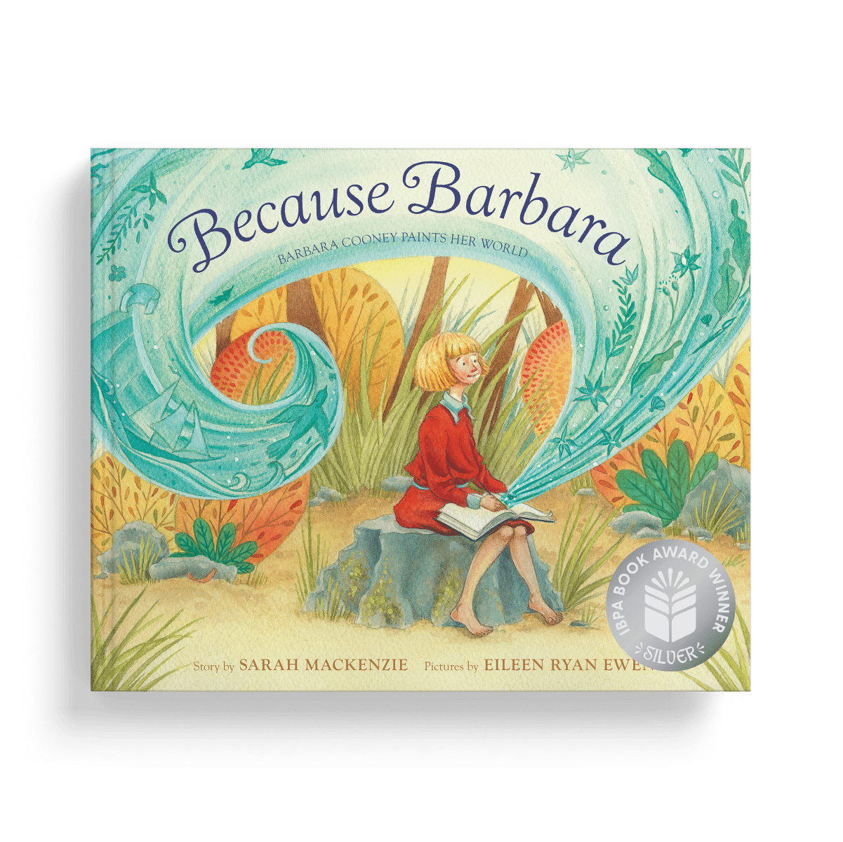 Because Barbara Awards 2026 - Waxwing Books Cover of a children's picture book titled Because Barbara, showing a girl in a red dress reading outdoors with a blue swirl frame around her.