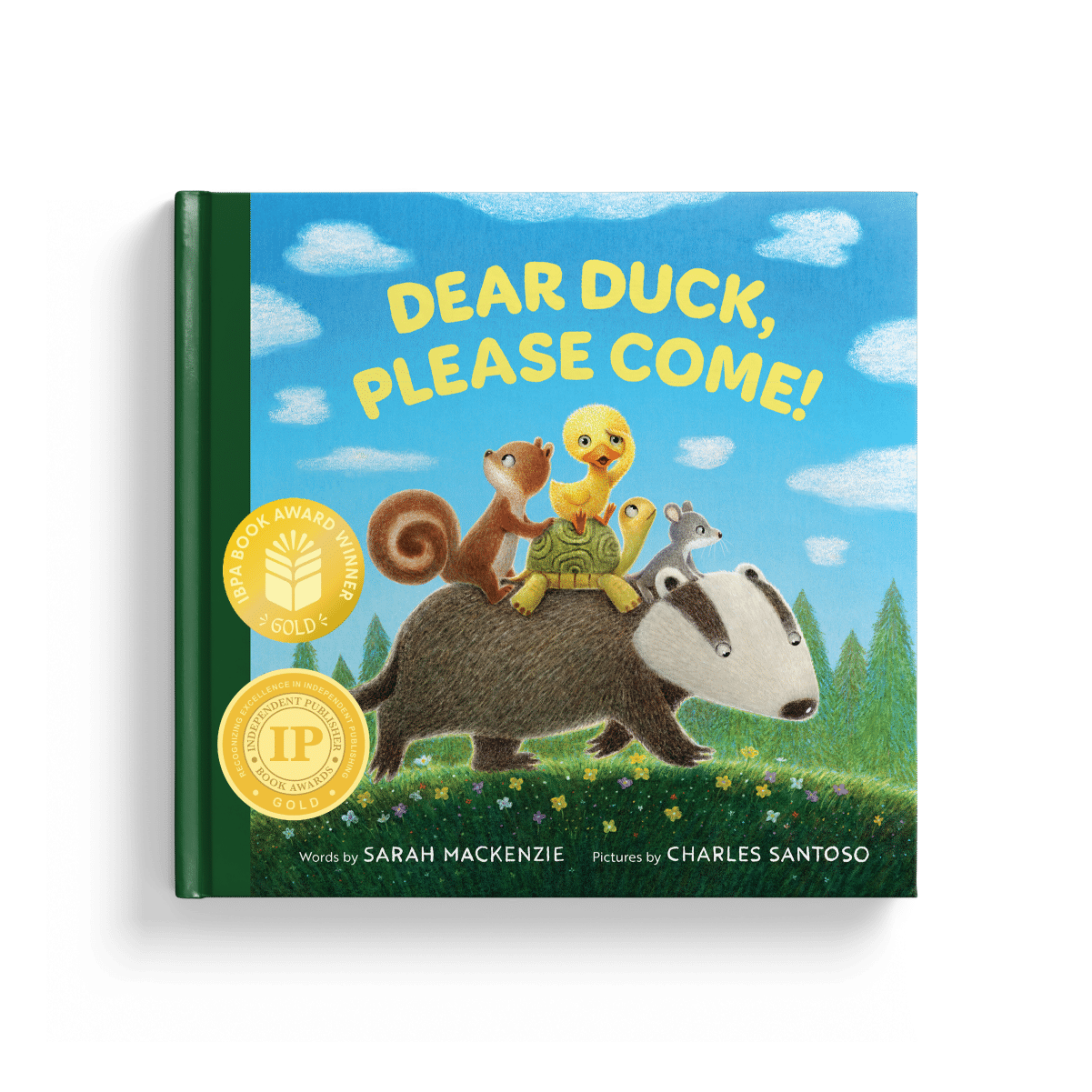 Dear Duck Awards 2026 - Waxwing Books Cover of a children’s book: a bear carrying a duckling and other animals on its back in a meadow under a blue sky, title 'Dear Duck, Please Come!'