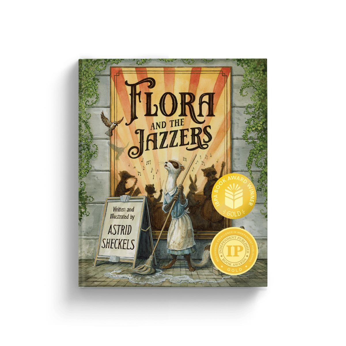 Flora Awards 2026 - Waxwing Books Whimsical children's book cover for Flora and the Jazzers, featuring a mouse conductor in a blue apron leading animal musicians on a stage. The title is on a sunburst backdrop with vines around the frame.