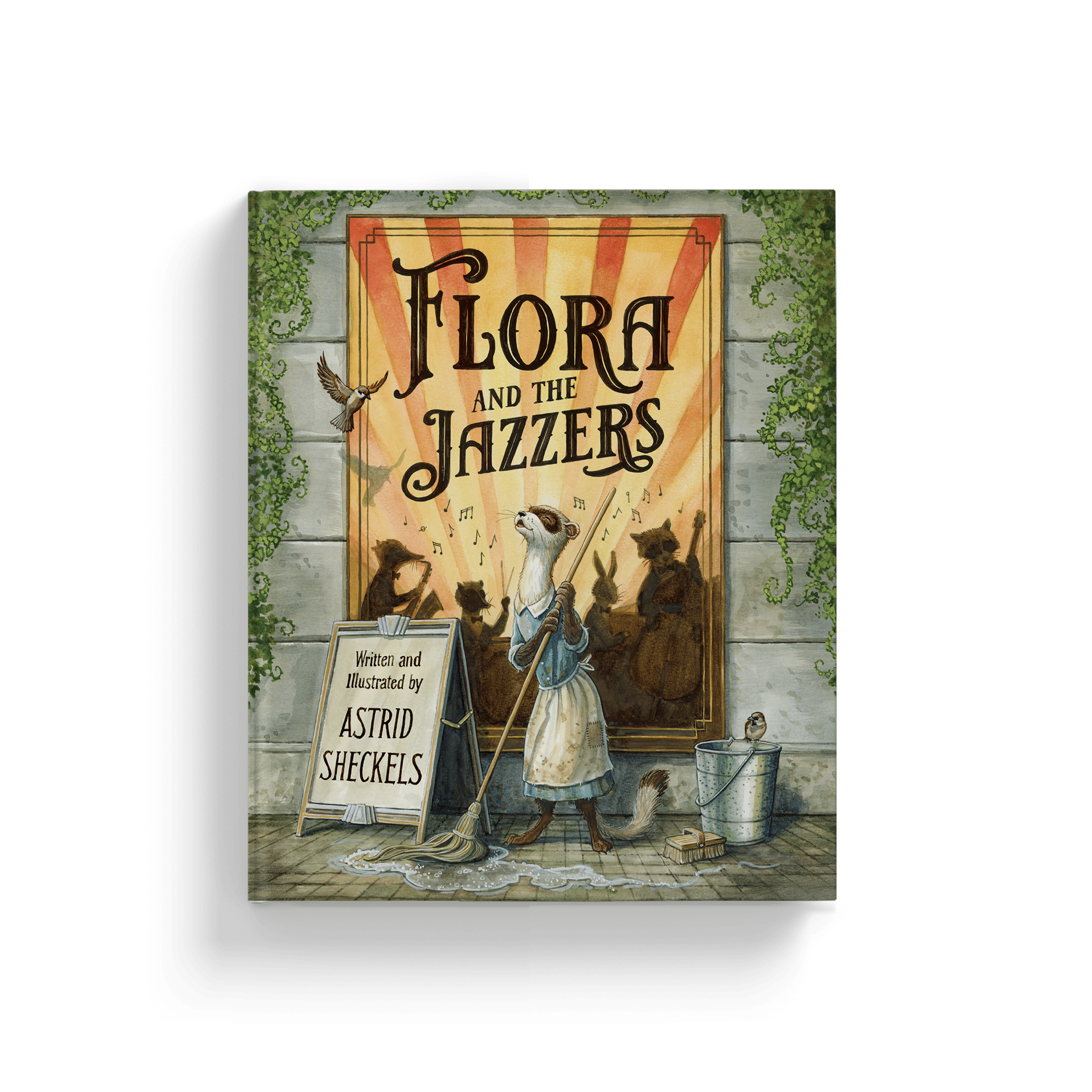 Poster advertising a children's book, showing mice playing instruments under an ivy-covered frame; title reads 'Flora and the Jazzers'.