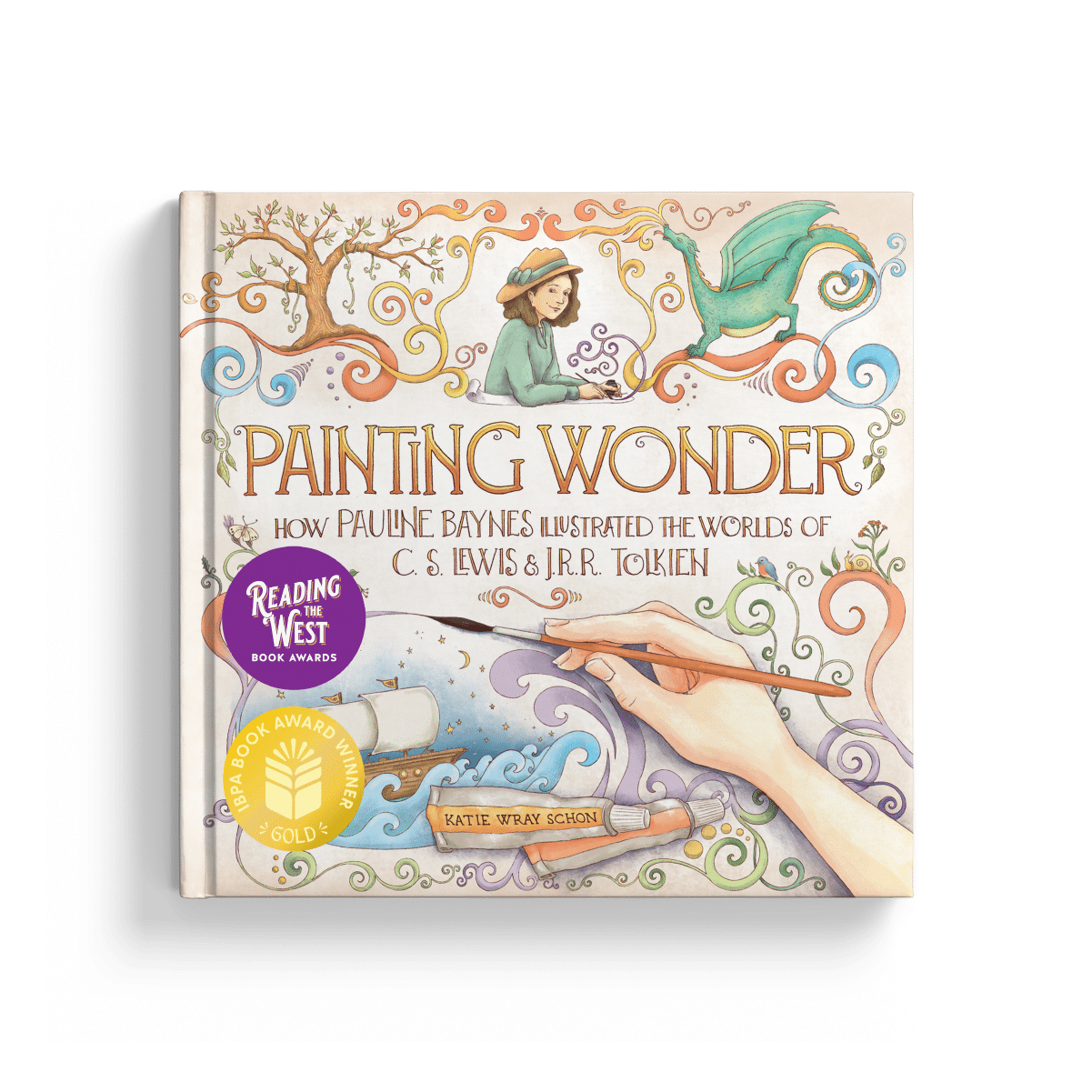 Painting Wonder Awards 2026 - Waxwing Books Cover of the book Painting Wonder with whimsical illustrations, an artist at a desk, a green dragon, and decorative swirls; award stickers on the lower left.